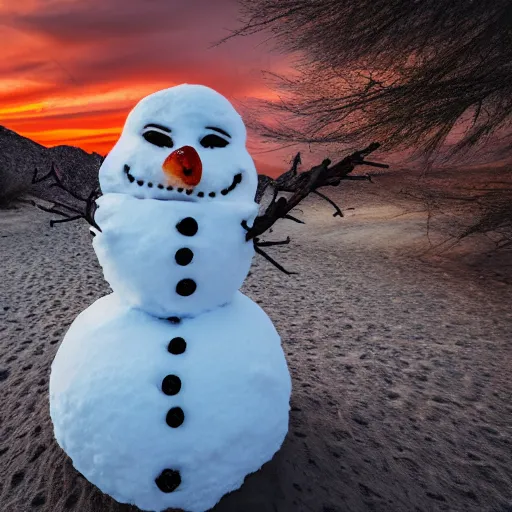 Prompt: a snowman is lost in the desert at sunset, beautiful photography, 8k, ambient light