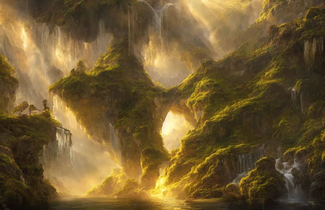 Image similar to a huge arc far away in the style of hans - werner sahm, detailed dreamscape, hyperreal phantastic, intricate details in environment, golden ratio, high aestehtic, waterfalls and lakes, cinematic light dramatic light, lightrays, flying birds in distance, trending on artstation