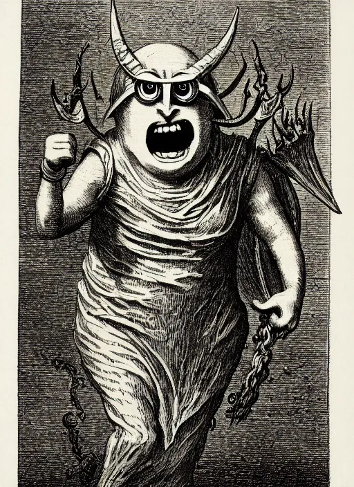 Prompt: a minion as a demon from the dictionarre infernal, etching by louis le breton, 1 8 6 9, 1 2 0 0 dpi scan, ultrasharp detail, clean scan