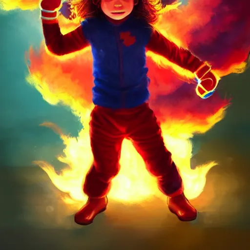 Prompt: colorful and festive captivating young child boy, brown long fluffy hair, wearing red and yellow hero suit, shooting a fire sphere out of his fist. full body, rich vivid colors, ambient lighting, dynamic lighting, 4 k, atmospheric lighting, painted, intricate, highly detailed by charlie bowater