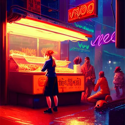 Prompt: splash art of anthropomorphic female vulpes vulpes fulva woman sitting at a noodle stand eating noodles in the crowded street of a cyberpunk city, rain, harsh neon lighting, realistic, ultra detailed, by greg rutkowski, wlop, sakimichan, artgerm