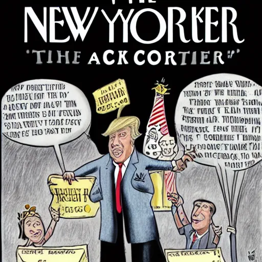 Image similar to new yorker cartoon by roz chast of donald trump, black and white,