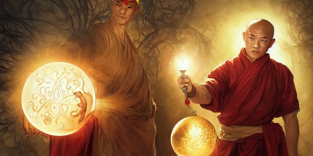 Image similar to shaolin monk holding an orb of light. fantasy, digital painting, 8 k, highly detailed. realistic award, disney concept art watercolor illustration by mandy jurgens, alphonse mucha and alena aenami