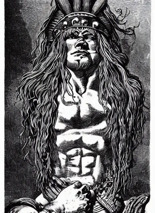 Prompt: 19th century wood-engraving of a very muscular Mayan warrior ghost with long hair punching air, whole page illustration from Jules Verne book titled Stardust Crusaders, art by Édouard Riou Jules Férat and Henri de Montaut, frontal portrait, high quality, beautiful, highly detailed, removed watermarks