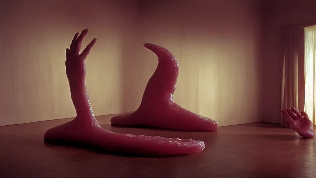 Image similar to a giant hand made of wax float through the living room, film still from the movie directed by Denis Villeneuve with art direction by Zdzisław Beksiński, wide lens