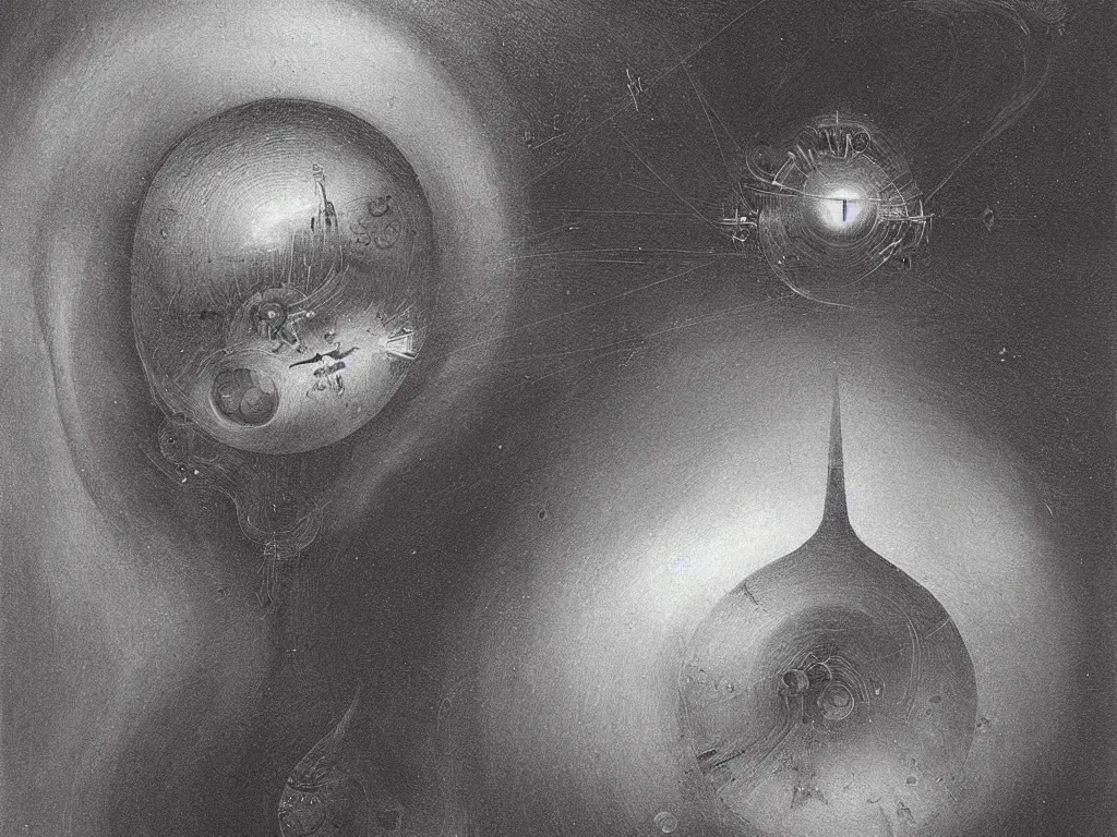 Image similar to dream bot mothership above the close up of the forehead of a sleeping man. painting by bosch, karl blossfeldt, beksinski