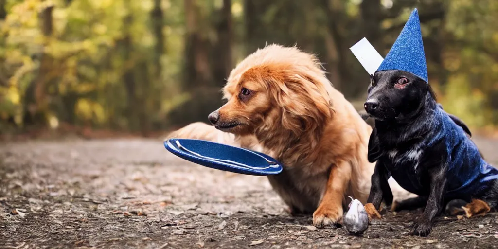 Prompt: dog with a wizard cap casting a spell