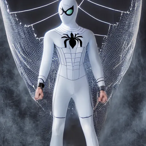 Image similar to white spider - man suit with black web lining, cinematic, volumetric lighting, realistic, hyperdetailed, photorealistic, photograph