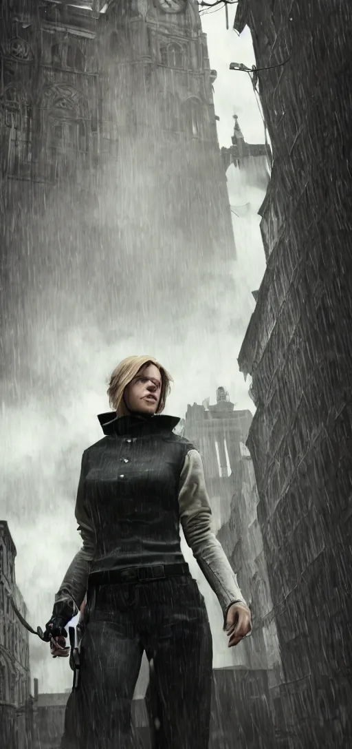 Image similar to annie leonhart in dunwall city, mid air shot, redshift render, beautiful face, detailed face, cinematic lighting, rainy weather, melancholy atmosphere, dunwall city, volumetric light, octane render, dishonored 1, gothic architecture, realistic reflections, octane render 8 k, action shot, wind trails