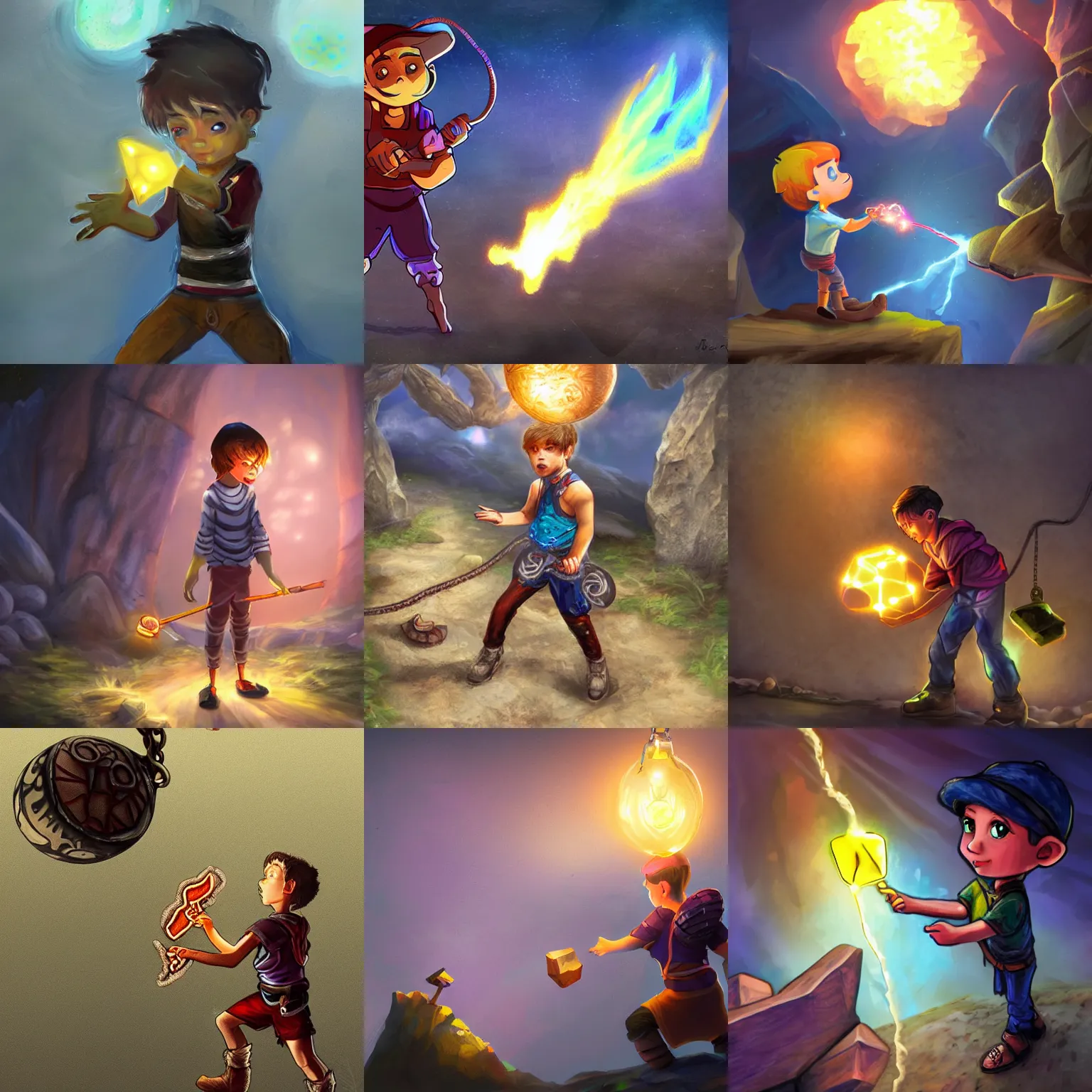 Prompt: A young breaker boy on the line stealing a piece of glowing ore by placing it inside a pendant, fantasy art style