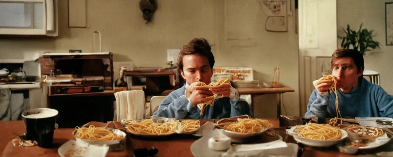 Prompt: watching tv while eating spaghetti,! alone!, 2 0 2 0, canon 5 0 mm, kodachrome, in the style of wes anderson