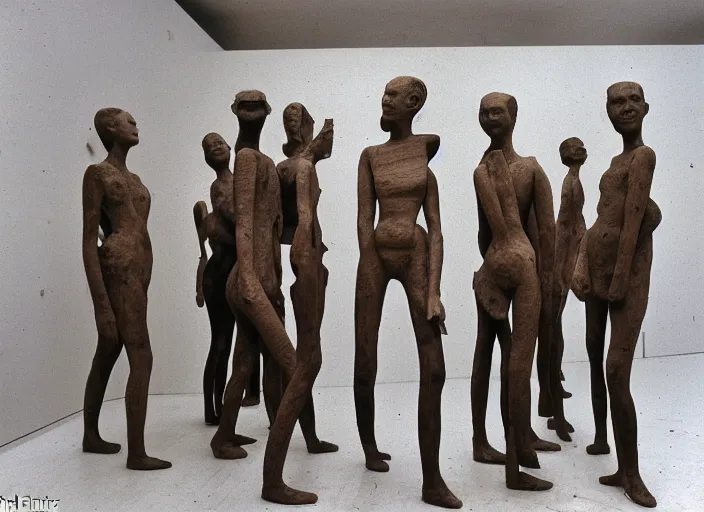Image similar to realistic photo portrait of the a sculpture of a group portrait of students made of wood, poorly designed in style of arte povera, fluxus, dadaism, joseph beuys, ugly standing in the wooden polished and fancy expensive wooden museum interior room 1 9 9 0, life magazine reportage photo