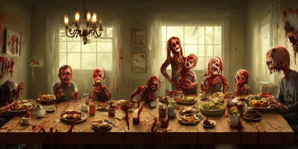 Prompt: a zombie family christmas diner, wide angle, super highly detailed, professional digital painting, artstation, concept art, smooth, sharp focus, no blur, no dof, extreme illustration, unreal engine 5, photorealism, hd quality, 8 k resolution, cinema 4 d, 3 d, beautiful, cinematic, art by greg rutkowski. by james gurney