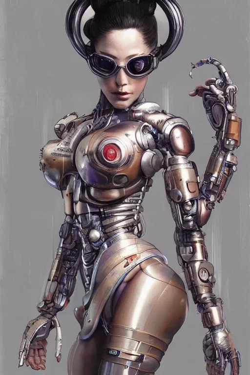 Image similar to Photorealistic illustration, full body geisha cyborg balanciaga fashion show , with fashion clothe, six digital eyes by sorayama , cyberpunk 2077, sci-fi, futuristic, intricate, elegant, highly detailed, digital painting, artstation, concept art, smooth, sharp focus, art by artgerm, greg rutkowski and alphonse mucha