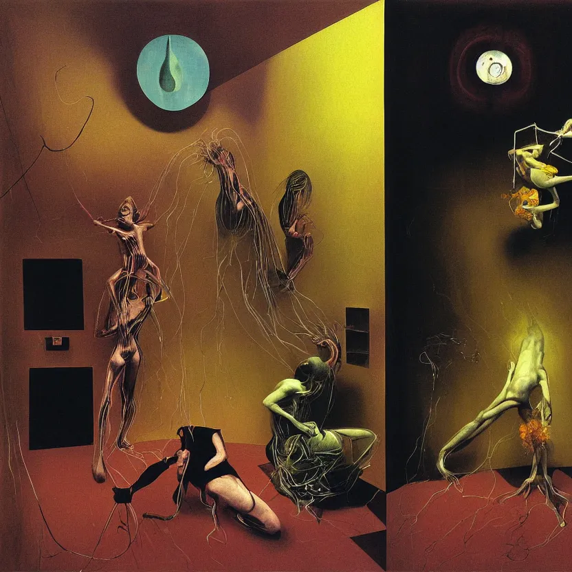 Image similar to Man and woman start to bounce in a living room of a house, floating dark energy surrounds the middle of the room. There is one living room plant to the side of the room, surrounded by a background of dark cyber mystic alchemical transmutation heavenless realm, cover artwork by francis bacon and Jenny seville and beksinski, midnight hour, part by adrian ghenie, part by jeffrey smith, part by josan gonzales, part by norman rockwell, part by phil hale, part by kim dorland, artstation, highly detailed