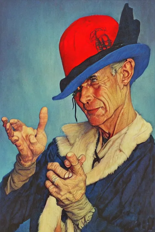 Image similar to A character study of an evil sorcerer with blue energy glowing from his hands, he has a red hat, by norman rockwell, loish, greg rutkwoski, high detail