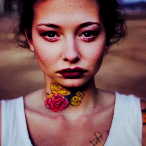 Image similar to beautiful young woman with gutterpunk pen ink face tattoos at golden hour, stars in background, cinematic diane arbus, leica s, fuji 8 0 0, grainy, low light