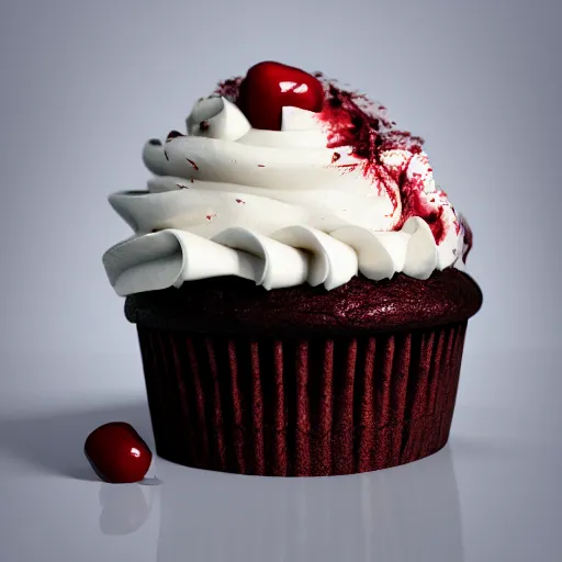 Prompt: a still from a horror move featuring a chocolate cupcake with cream and a cherry on the top, digital art, trending on artstation and unreal engine, smooth, 4 k, poster, high quality, hyperdetailed
