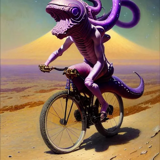 Prompt: a giant purple squid riding bicycle on the moon. highly detailed painting by gaston bussiere, greg rutkowski, j c leyendecker 8 k