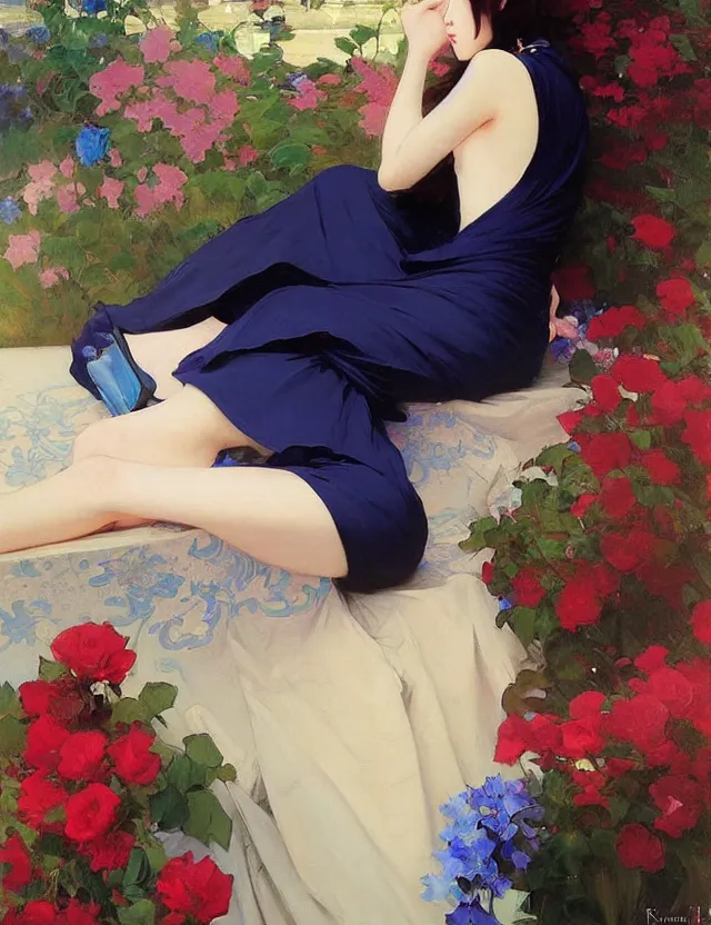 Image similar to beautiful anime woman in tight black dress sitting among blue roses, krenz cushart, mucha, by joaquin sorolla rhads leyendecker, by ohara koson