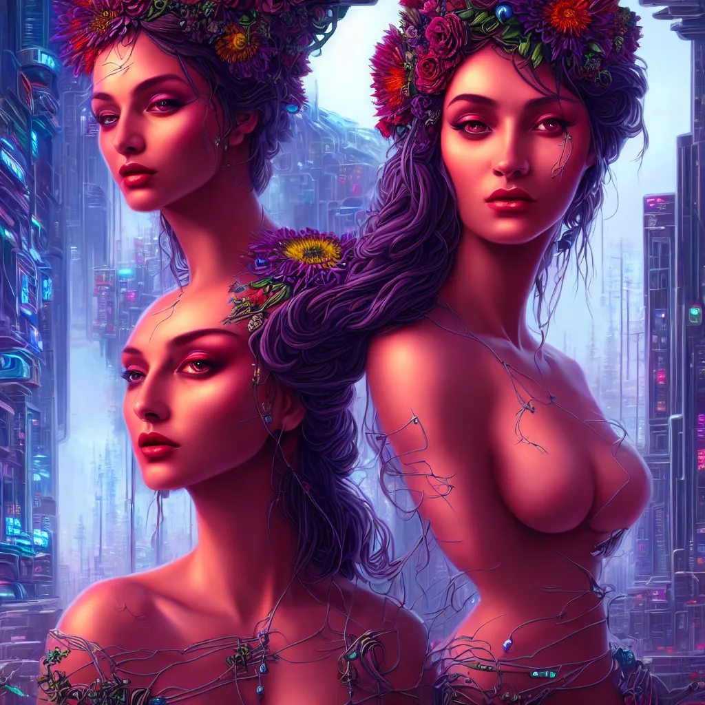 Prompt: a beautiful closeup 4K portrait painting of one flower goddess in a sensual pose, in the style dan mumford artwork, in the background a futuristic cyberpunk city is seen.