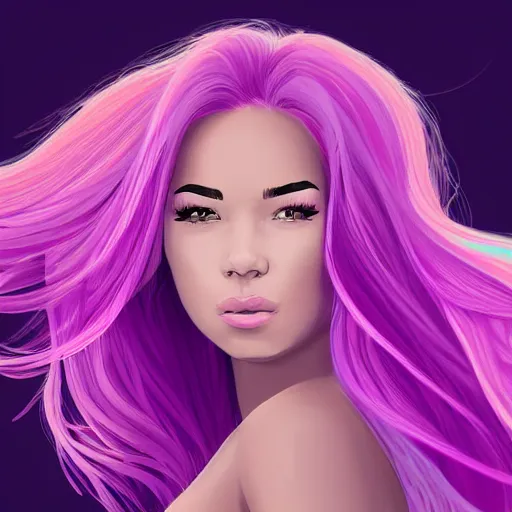 Image similar to a stunning upper body portrait of a beautiful woman with ombre hairstyle in purple and pink blowing in the wind by marvel comics, digital art, trending on artstation