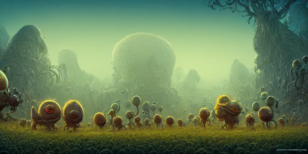 Prompt: of an intricate hazy savanna with strange pudgy cute creatures with long tongues, big eyes and huge noses appearing from the ground, in the style of joe fenton, macro lens, shallow depth of field, highly detailed, digital painting, trending artstation, concept art, illustration, cinematic lighting, vibrant colors, photorealism, epic, octane render