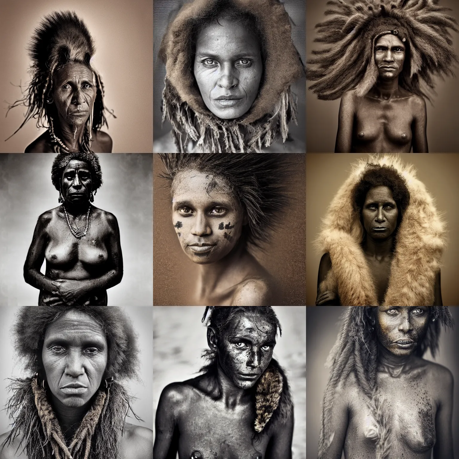 Prompt: Award Winning reportage Full-body Portrait of a Early-medieval Antipodean black Aborigines Female in a sand storm with incredible hair and beautiful eyes wearing animal skins and traditional adornments with a Taupe dingo by Lee Jeffries, 85mm ND 5, perfect lighting, gelatin silver process