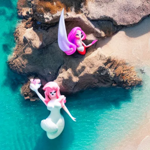 Prompt: aerial photo of ariel the mermaid with asriel the undertale goat, clear footage, basking under the summer sun