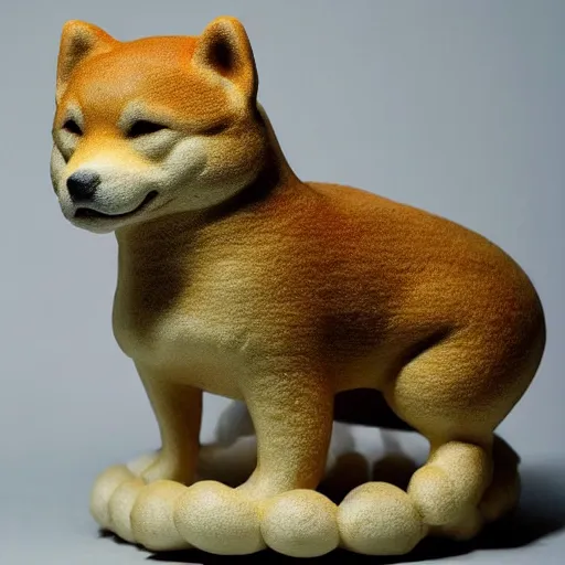 Prompt: a very beautiful intricately shaped organic sculpture carved from steamed buns depicting a shiba inu. studio lighting, high resolution, high quality, dark background