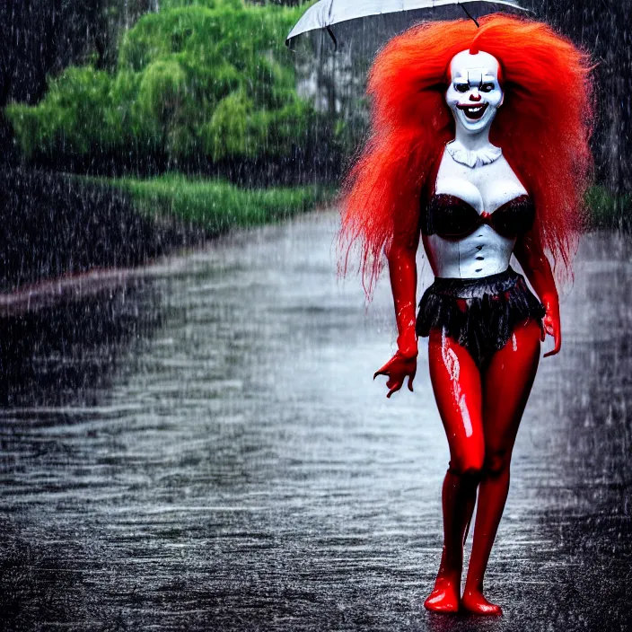 Prompt: fully body pose, photo of a very beautiful!! victoria secret model, pennywise, wet hair, raining, 8 k, hdr, smooth, sharp focus, high resolution, award - winning photo, trending on artstation, dslr, 5 0 mm