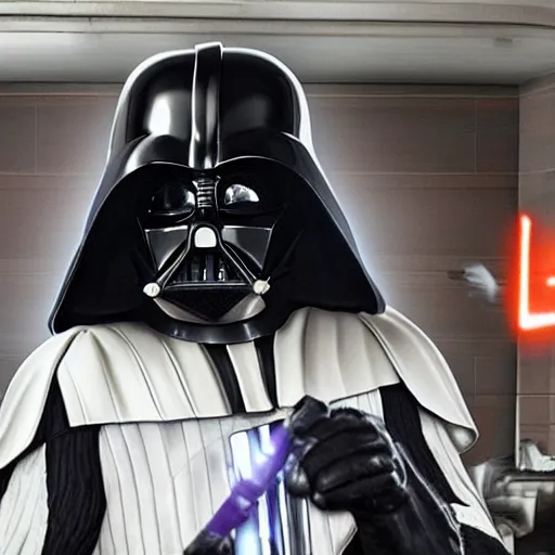 Image similar to darth vader with white armor and a purple lightsaber