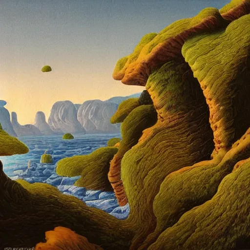 Image similar to painting of a lush natural scene on an alien planet by gerardo dottori. extremely detailed. futurism. beautiful landscape. weird vegetation. cliffs and water.