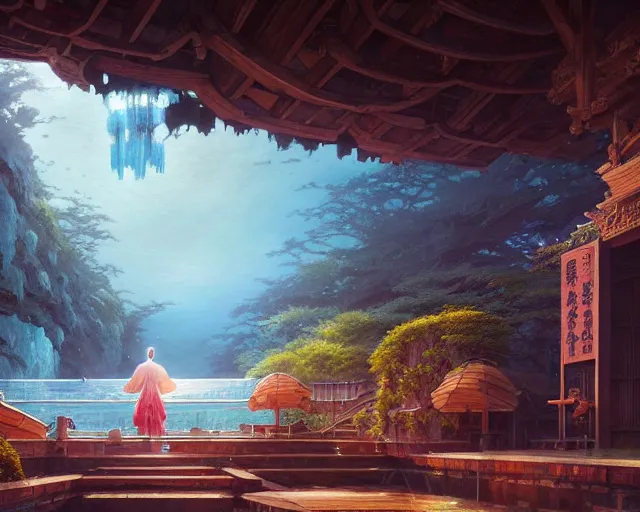 Image similar to highly detailed picture of an onsen, stephen bliss, unreal engine, fantasy art by greg rutkowski, loish, rhads, ferdinand knab, makoto shinkai and lois van baarle, ilya kuvshinov, rossdraws, tom bagshaw, global illumination, radiant light, detailed and intricate environment