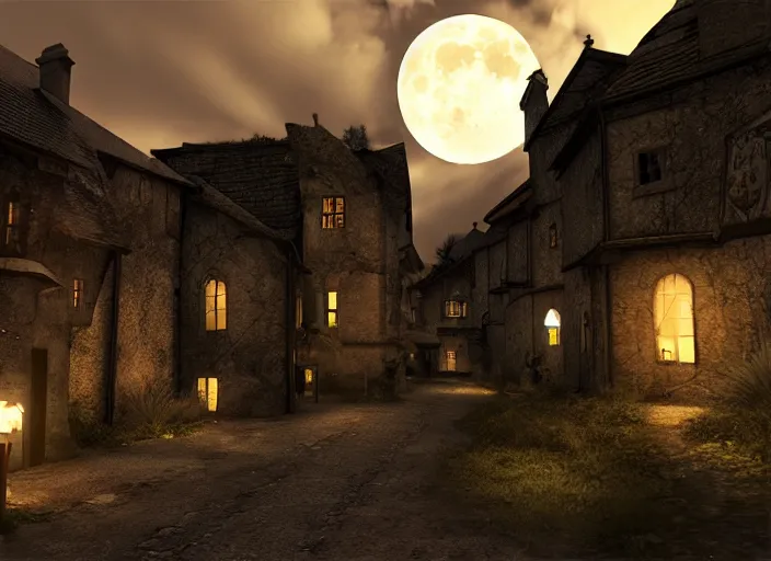 Image similar to medieval vampire village, moon light, gas lighting, stone roads, digital art, unreal engine