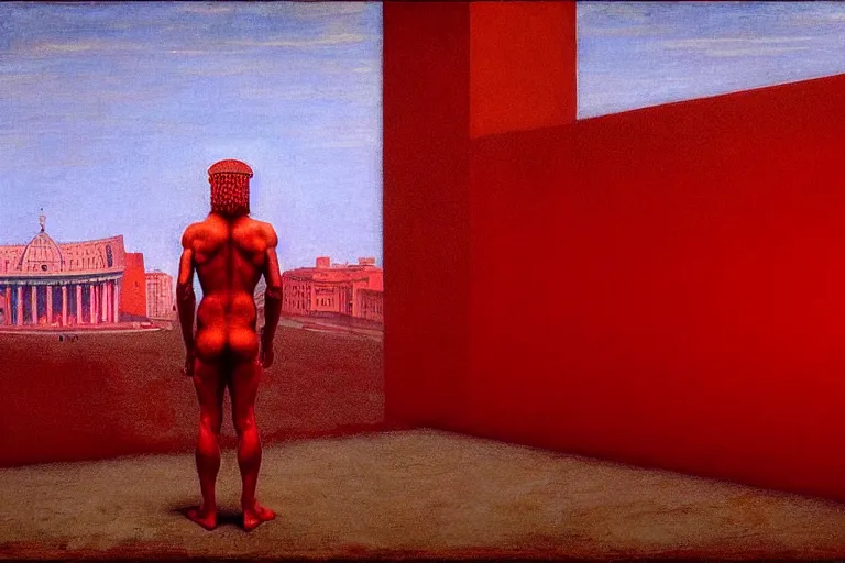 Image similar to only with red, caesar after war, the great deal, a red tiger, in hoc signo vinces, rome in background, an ancient path, in the style of beksinski, part by hopper, part by rodcenko, part by hofbauer, intricate composition, red by caravaggio, insanely quality, highly detailed, masterpiece, red light, artstation