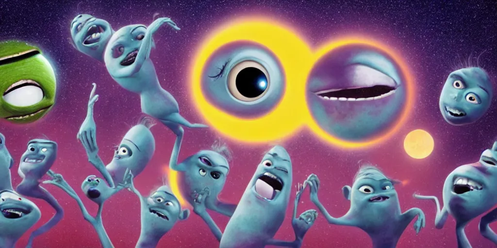 Image similar to total solar lunar eclipse occult monsters inc dance ritual, detailed facial expression, surrealism aesthetic