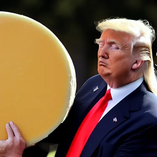 Image similar to donald trump eating a large wheel of cheese,