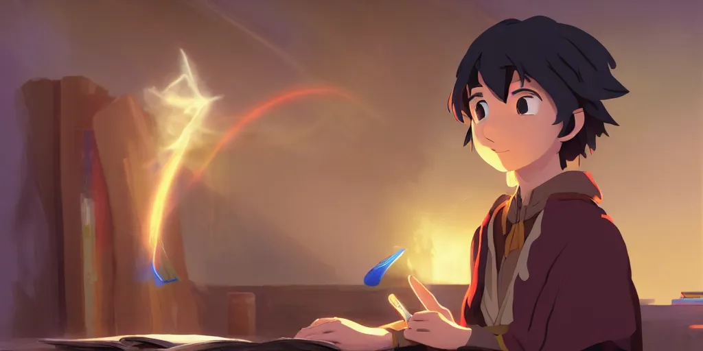 Image similar to a young boy mage with a brown cloak and brown hair is standing at his desk working on a new spell, colorful, flowing energy, light rays, anime boy, boy, consistent face, anime boy face, medium shot, waist up, pixar and disney animation, sharp, by greg rutkowski and makoto shinkai, bloom, dramatic lighting, cinematic