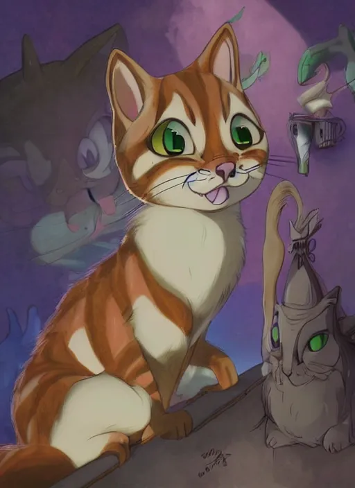 Image similar to official digital painting artwork of a cat character by don bluth, ross tran and studio ghibli.