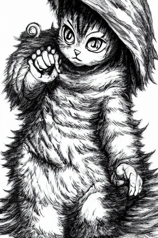 Image similar to Baby Kitten, highly detailed, black and white, manga, art by Kentaro Miura