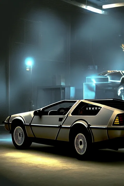 Image similar to photograph of the delorean from back to the future in half life 2, dark room, cinematic, volumetric lighting, hyperdetailed photograph