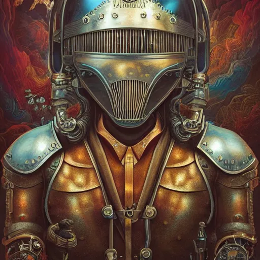 Image similar to dan mumford tom bagshaw, dream world curiosities carnival, photorealistic soft paint of a single very beautiful helmet full long steampunk armored, ultra deep fog, partial symmetry accurate features, focus, very intricate ultrafine details, award winning masterpiece, steampunk world