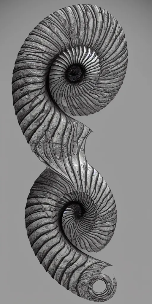 Image similar to a photorealistic render of a 3 d nautilus sculpture, made of liquid metal and marble, c 4 d, by zhelong xu, ernst haeckel, hyper realistic, plain background, 8 k, volumetric lightning, octane render