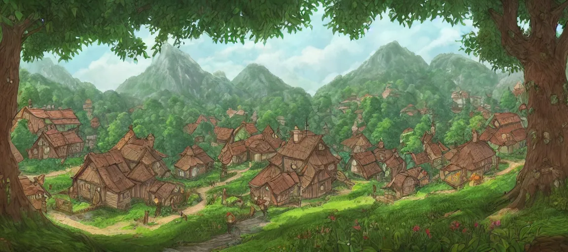 Prompt: Beautiful detailed high quality illustration of a Slavic village, beautiful forest on background::art by Ghibli Studio, League of Legends, Arcane, Wild Rift, trending on artstation