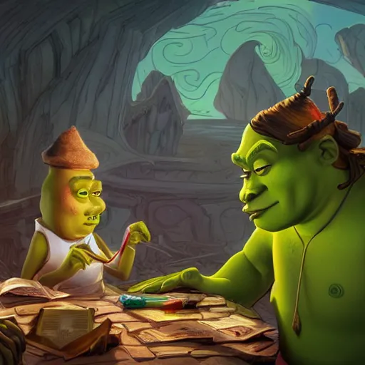 Image similar to shrek is a rich millionaire at rick and morty, highly detailed, digital painting, artstation, concept art, smooth, sharp focus, illustration, art by artgerm and greg rutkowski and alphonse mucha