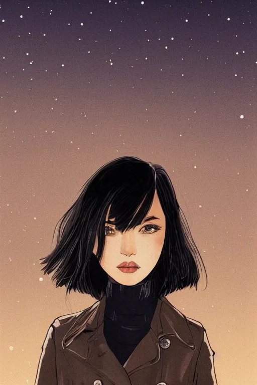 Prompt: highly detailed close-up of a beautiful girl with a very stylish trenchcoat on an empty street at night by Moebius , black medium length Dutch bob cut hair with straight bangs, poster