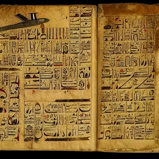 Image similar to ancient egyptian manuscript with pictures of airplanes