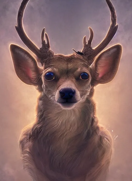 Image similar to deer chihuahua huge ominous glowing brown eyes staring into my soul, perfect eyes, soft pale golden skin, intricate stunning highly detailed, Agostino Arrivabene, Tomasz Strzalkowski, twisted bright lucid dream, 8k portrait render, angel wings, swirling thick smoke , beautiful lighting, dark fantasy art, cgsociety