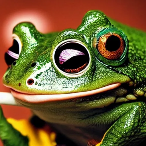 Image similar to a high detail closeup shot of a frog wearing a suit 👔,and smoking a cigarrette🚬